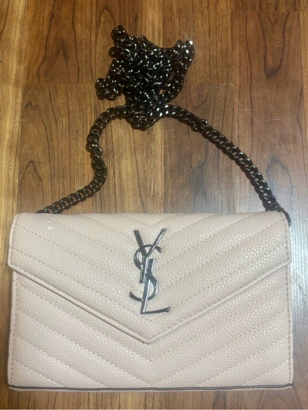 Pale Pink Quilted Envelope Chain Wallet Crossbody Bag w/ Dark Silver Accents